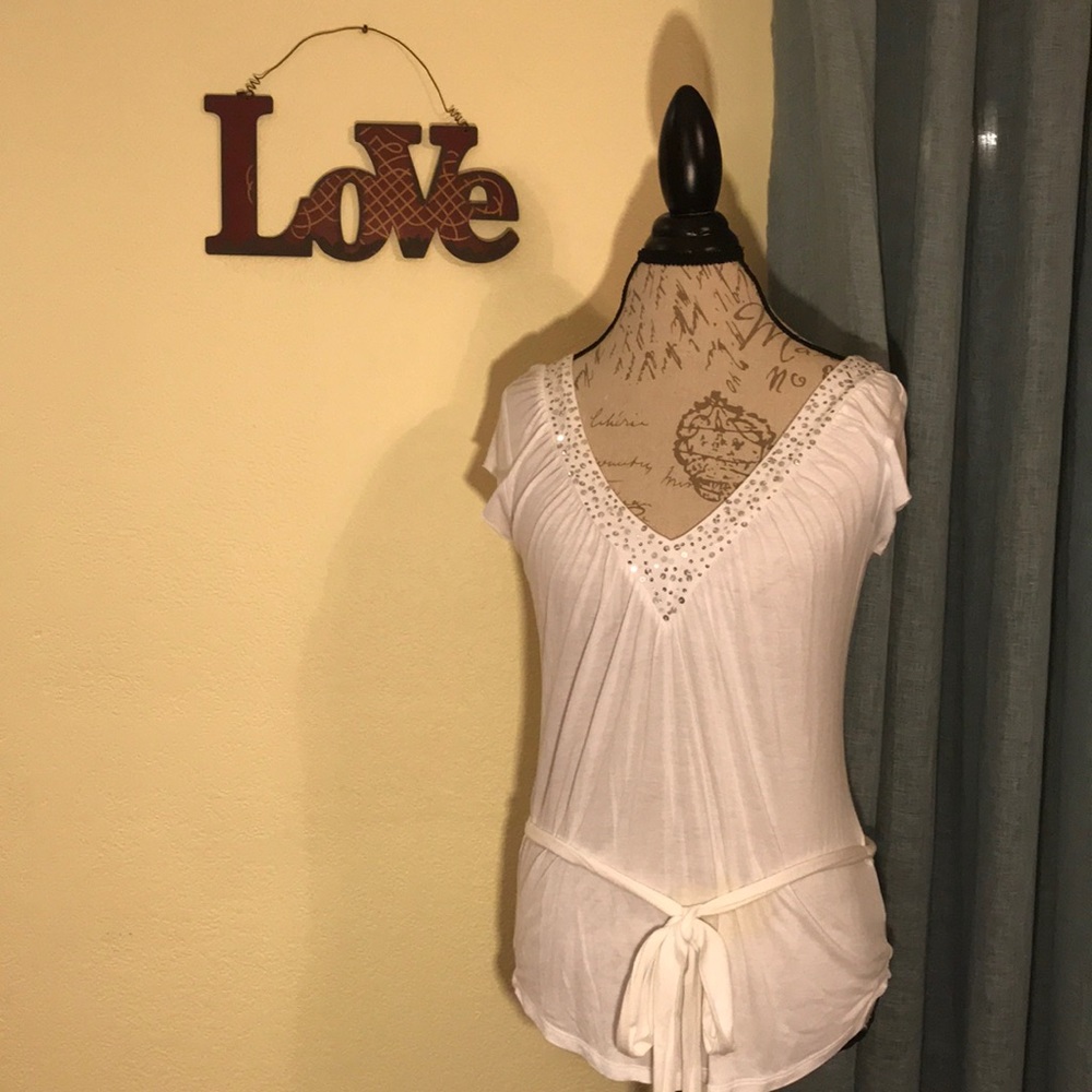 White Cotton Sequin V-neck - Express